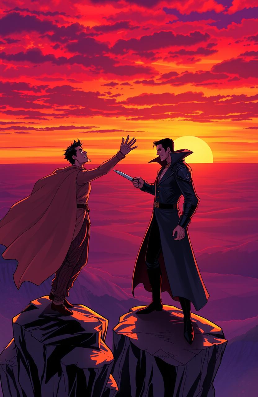 A dramatic scene on a cliff during sunset, showcasing a heroic figure in a flowing cape, swaying in the wind, with tears streaming down his face