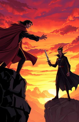A dramatic scene on a cliff during sunset, showcasing a heroic figure in a flowing cape, swaying in the wind, with tears streaming down his face