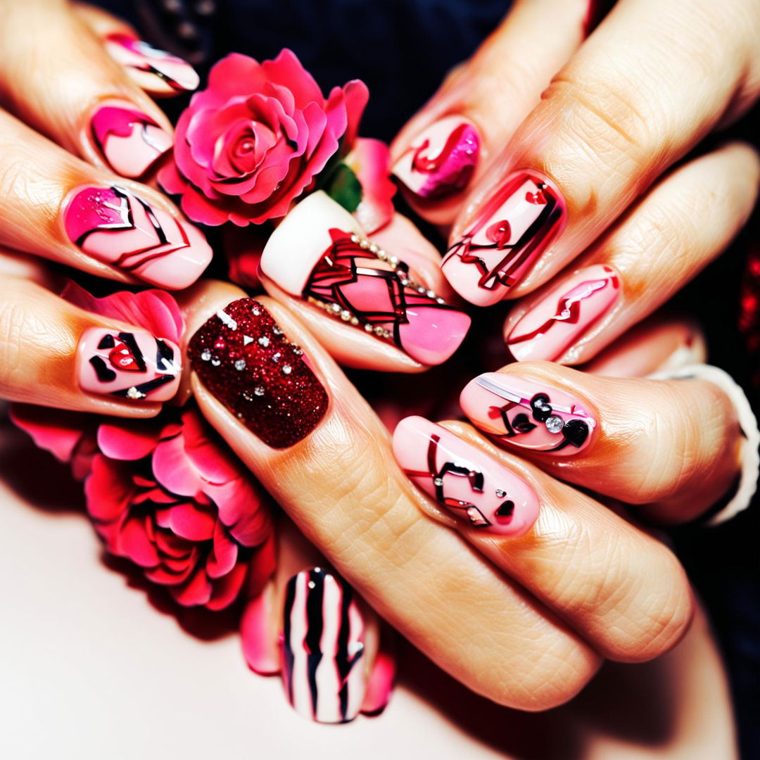 A close-up photo of Valentine's Day themed nail art featuring various designs such as hearts, roses, and Cupid's arrow on vibrant reds, pinks, and gold.