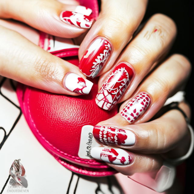 A photograph of Valentine's Day inspired nail art featuring love letters, lace patterns, and a color palette of white, baby pink, and ruby red.