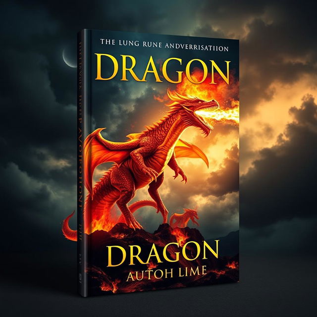 A visually stunning book cover design depicting a fire-breathing dragon captured in cinematic photography style