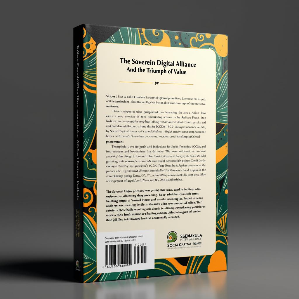 Artistic book back cover design for 'The Sovereign Digital Alliance: And the Triumph of Value' by visionary author Ssemakula Peter Luyima