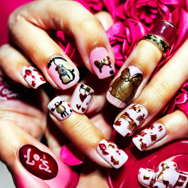 A photograph of Valentine's Day themed nail art featuring chocolate box, teddy bear, and love balloons on a palette of pastel pink, deep burgundy, and shimmering gold.