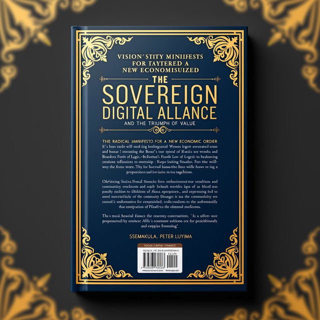 Artistic book back cover design for 'The Sovereign Digital Alliance: And the Triumph of Value' by Ssemakula Peter Luyima