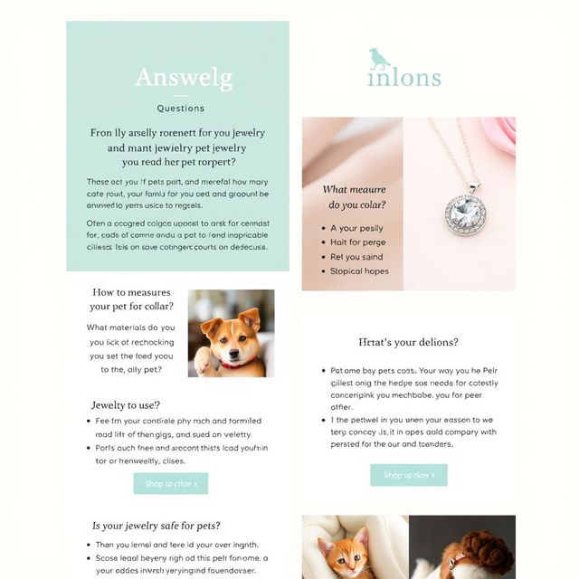 Design a visually appealing email for a jewelry e-commerce brand that specializes in pet jewelry, focusing on answering frequently asked questions (FAQs)