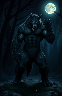 A strong, muscular werewolf standing in a protective stance during midnight, bathed in moonlight