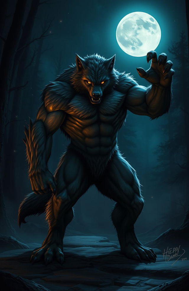 A strong, muscular werewolf standing in a protective stance during midnight, bathed in moonlight