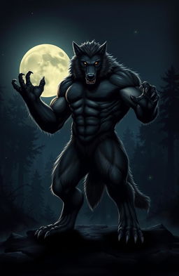 A strong, muscular werewolf standing in a protective stance during midnight, bathed in moonlight