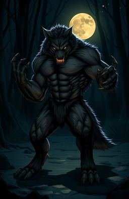 A strong, muscular werewolf standing in a protective stance during midnight, bathed in moonlight