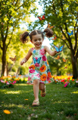 A whimsical and enchanting scene in a vibrant park, featuring a 7-year-old girl with curly brown hair tied in two playful pigtails