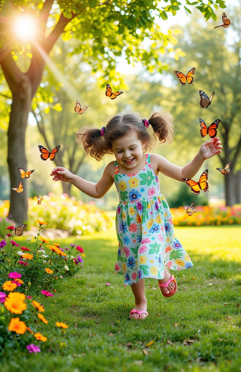 A whimsical and enchanting scene in a vibrant park, featuring a 7-year-old girl with curly brown hair tied in two playful pigtails