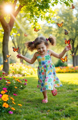 A whimsical and enchanting scene in a vibrant park, featuring a 7-year-old girl with curly brown hair tied in two playful pigtails