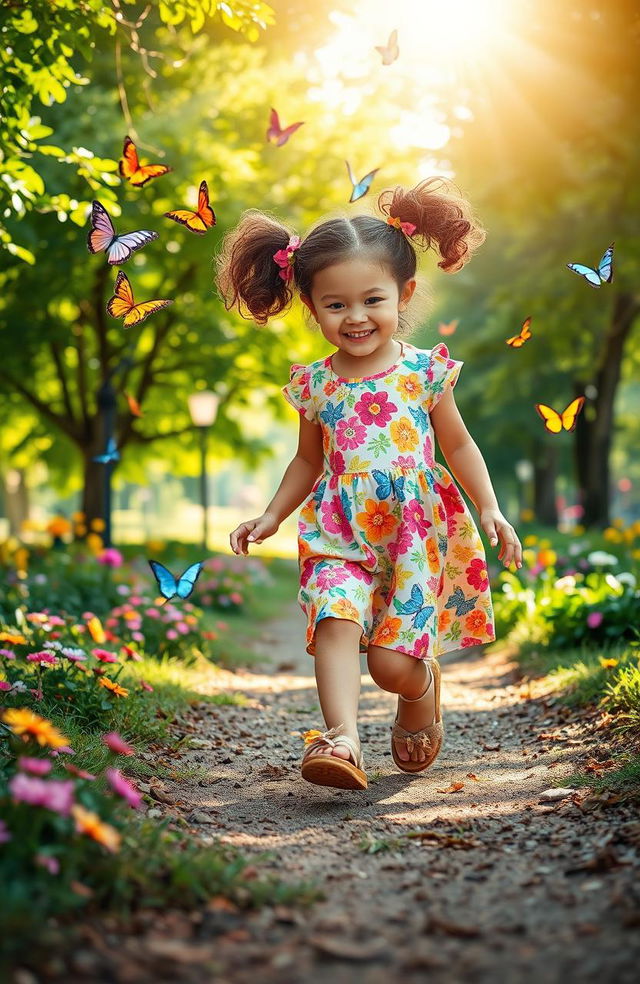 A whimsical and enchanting scene in a vibrant park, featuring a 7-year-old girl with curly brown hair tied in two playful pigtails