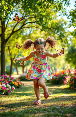 A whimsical and enchanting scene in a vibrant park, featuring a 7-year-old girl with curly brown hair tied in two playful pigtails