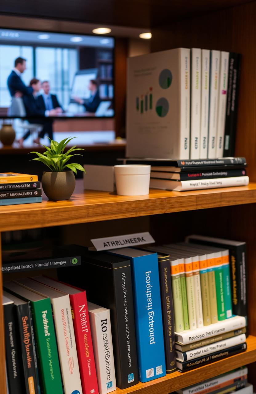 A well-organized bookshelf filled with a variety of books related to project management and financial management