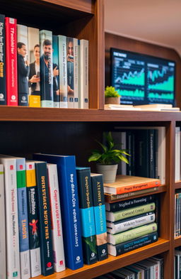 A well-organized bookshelf filled with a variety of books related to project management and financial management