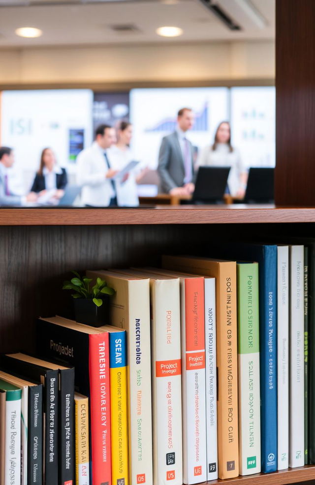 A well-organized bookshelf filled with a variety of books related to project management and financial management