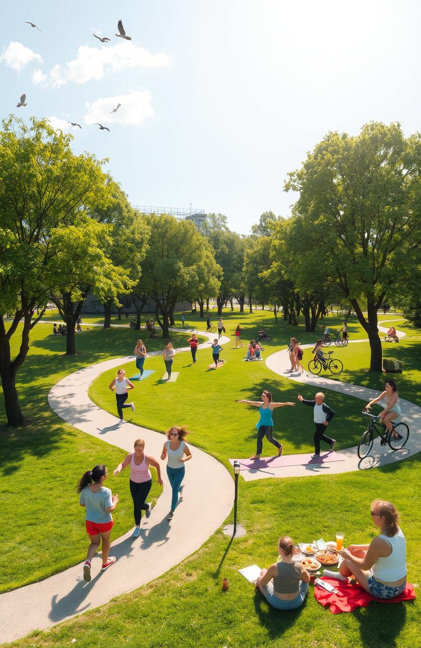 A scenic view of a serene park where people are engaging in various healthy activities: jogging on a winding path, practicing yoga on a grassy area, cycling along a tree-lined trail, and enjoying a picnic with wholesome foods