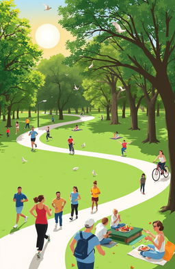A scenic view of a serene park where people are engaging in various healthy activities: jogging on a winding path, practicing yoga on a grassy area, cycling along a tree-lined trail, and enjoying a picnic with wholesome foods
