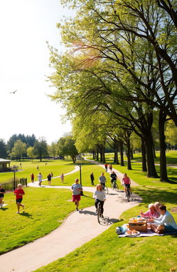 A scenic view of a serene park where people are engaging in various healthy activities: jogging on a winding path, practicing yoga on a grassy area, cycling along a tree-lined trail, and enjoying a picnic with wholesome foods