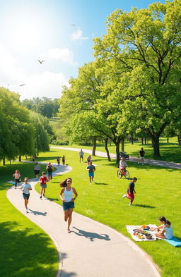 A scenic view of a serene park where people are engaging in various healthy activities: jogging on a winding path, practicing yoga on a grassy area, cycling along a tree-lined trail, and enjoying a picnic with wholesome foods