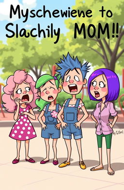 A whimsical take on mischievous cartoon moms having a funny and exaggerated reaction after unexpectedly sharting