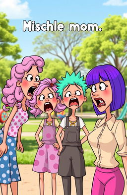 A whimsical take on mischievous cartoon moms having a funny and exaggerated reaction after unexpectedly sharting