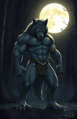 A powerful werewolf bodyguard standing protectively under a bright full moon, with rippling muscles and a glistening coat of fur