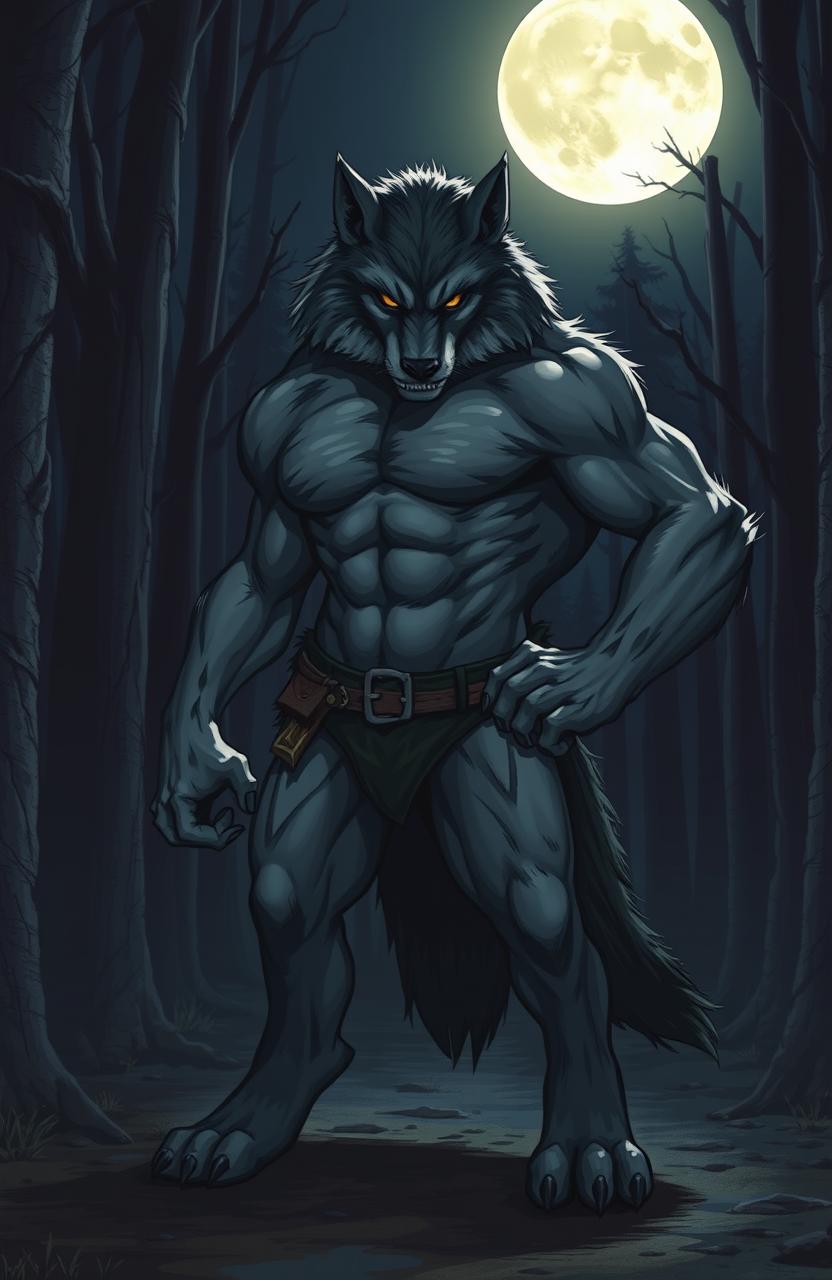 A powerful werewolf bodyguard standing protectively under a bright full moon, with rippling muscles and a glistening coat of fur