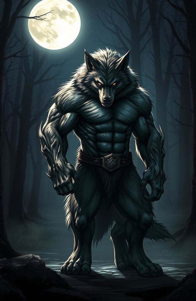 A powerful werewolf bodyguard standing protectively under a bright full moon, with rippling muscles and a glistening coat of fur