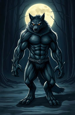 A powerful werewolf bodyguard standing protectively under a bright full moon, with rippling muscles and a glistening coat of fur