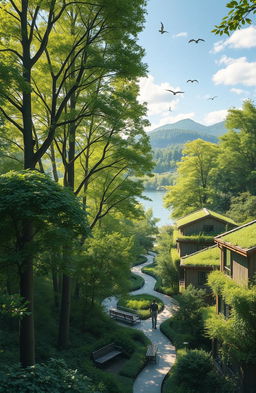 A serene scene depicting a harmonious blend of lush, vibrant green forest and an eco-friendly residential area