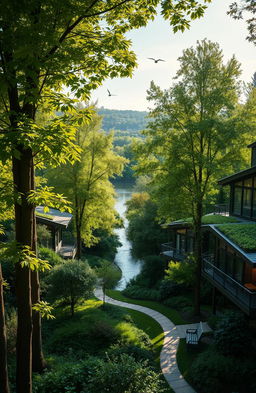 A serene scene depicting a harmonious blend of lush, vibrant green forest and an eco-friendly residential area