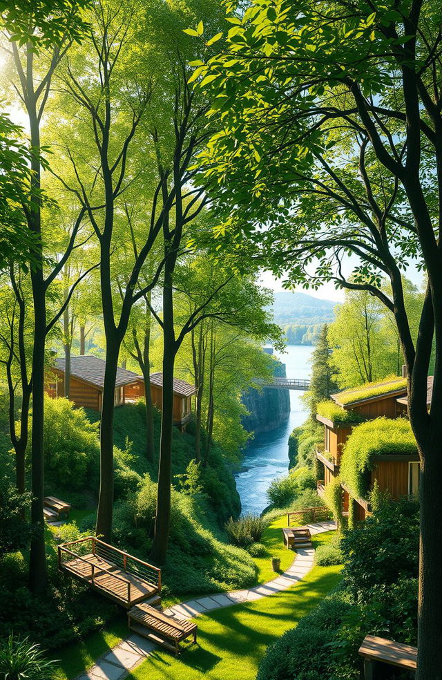 A serene scene depicting a harmonious blend of lush, vibrant green forest and an eco-friendly residential area