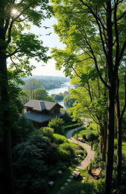 A serene scene depicting a harmonious blend of lush, vibrant green forest and an eco-friendly residential area