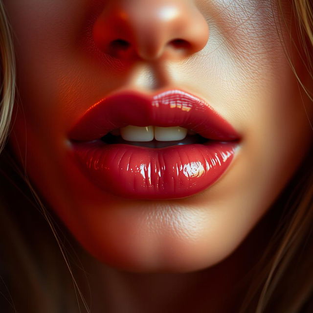 A close-up of a sensual mouth of an erotic woman, with full lips slightly parted to suggest allure and intrigue