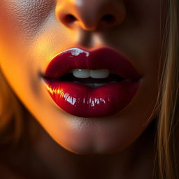 A close-up of a sensual mouth of an erotic woman, with full lips slightly parted to suggest allure and intrigue