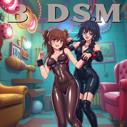 A comedic anime-style movie poster titled 'BDSM', set in a vibrant BDSM dungeon