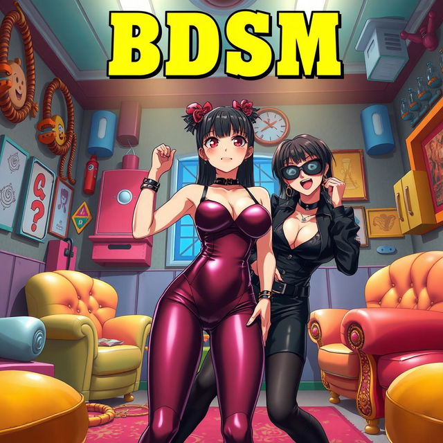 A comedic anime-style movie poster titled 'BDSM', set in a vibrant BDSM dungeon