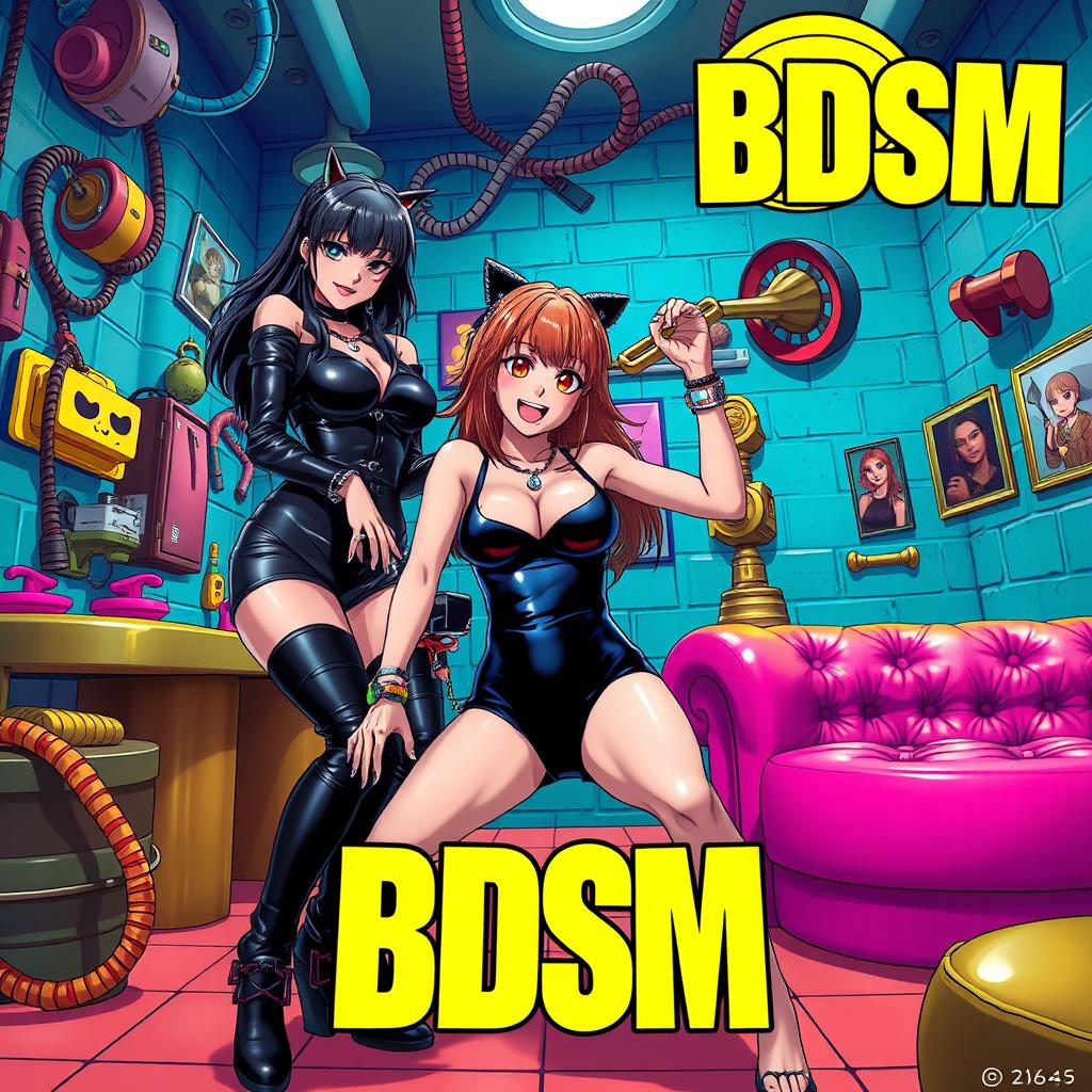 A comedic anime-style movie poster titled 'BDSM', set in a vibrant BDSM dungeon