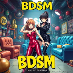 A comedic anime-style movie poster titled 'BDSM', set in a vibrant BDSM dungeon