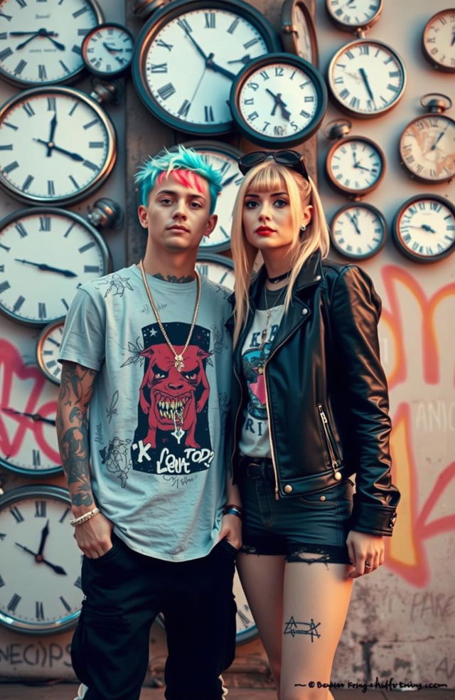 A vibrant artistic portrait featuring Lil Peep and Avril Lavigne standing together in a cool, urban setting