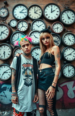 A vibrant artistic portrait featuring Lil Peep and Avril Lavigne standing together in a cool, urban setting