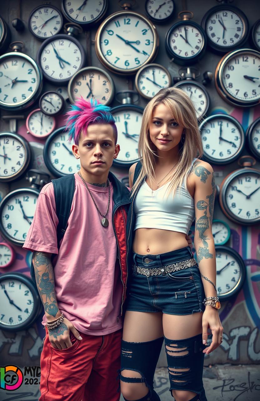 A vibrant artistic portrait featuring Lil Peep and Avril Lavigne standing together in a cool, urban setting