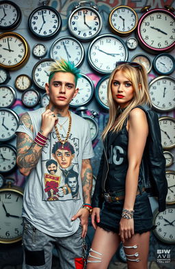 A vibrant artistic portrait featuring Lil Peep and Avril Lavigne standing together in a cool, urban setting
