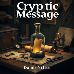 A book cover titled 'Cryptic Message', set in a mysterious, dimly lit room filled with vintage artifacts and intriguing shadows
