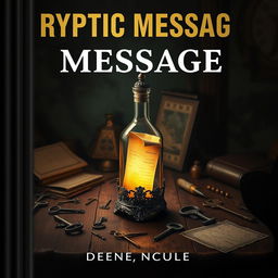 A book cover titled 'Cryptic Message', set in a mysterious, dimly lit room filled with vintage artifacts and intriguing shadows