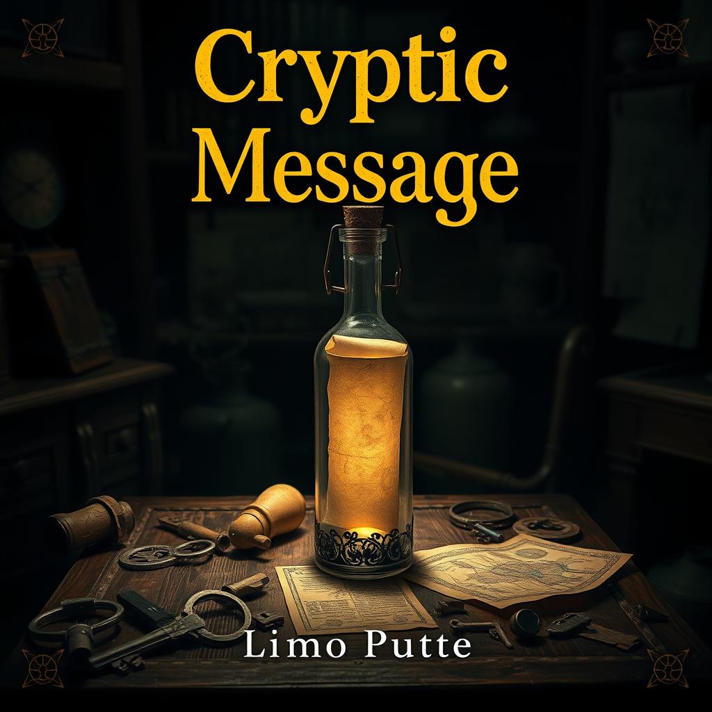 A book cover titled 'Cryptic Message', set in a mysterious, dimly lit room filled with vintage artifacts and intriguing shadows