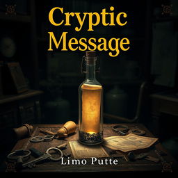 A book cover titled 'Cryptic Message', set in a mysterious, dimly lit room filled with vintage artifacts and intriguing shadows