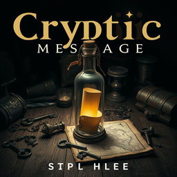 A book cover titled 'Cryptic Message', set in a mysterious, dimly lit room filled with vintage artifacts and intriguing shadows